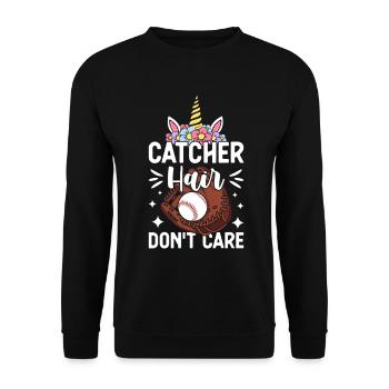 Catcher Hair Don't Care Softball Girl Illustration - Unisex Pullover - Schwarz - Vorne - Alina (178cm) & Michal (187cm)