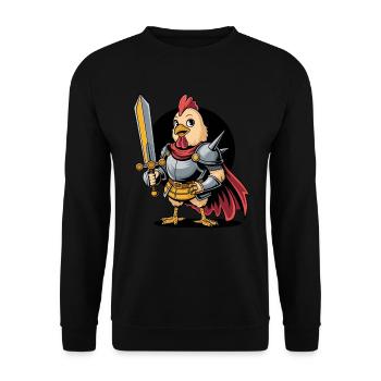 Tapferer Hahn-Ritter in mittelalterlicher Rüstung - Unisex Pullover - Schwarz - Vorne - Alina (178cm) & Michal (187cm)