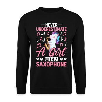 A Girl With A Saxophone Saxophonist Female - Unisex Pullover - Schwarz - Vorne - Alina (178cm) & Michal (187cm)