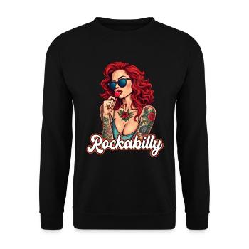 Cool Rockabilly Frau im Syle der 50er - Unisex Pullover - Schwarz - Vorne - Alina (178cm) & Michal (187cm)