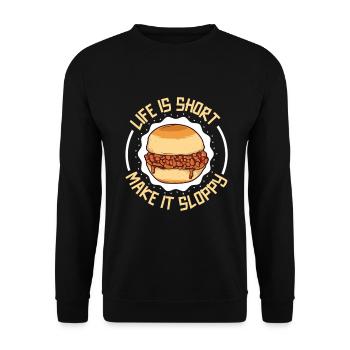 Das Leben ist kurz - ess nen Sloppy Joe - Unisex Pullover - Schwarz - Vorne - Alina (178cm) & Michal (187cm)