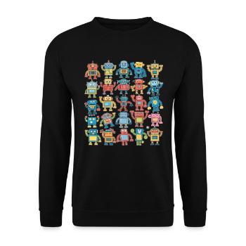Bunte Roboter Für Kinder - Lustige Illustrationen - Unisex Pullover - Schwarz - Vorne - Alina (178cm) & Michal (187cm)