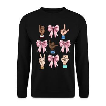 Coquette Bow Sign Language ASL Deaf Teacher - Unisex Pullover - Schwarz - Vorne - Alina (178cm) & Michal (187cm)