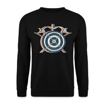 Bogenschießen Bogenschütze Bogen und Pfeil Retro - Unisex Pullover - Schwarz - Vorne - Alina (178cm) & Michal (187cm)