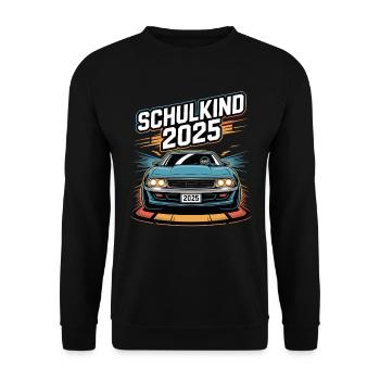 Einschulung Auto Schulkind 2025 Junge Rennauto - Unisex Pullover - Schwarz - Vorne - Alina (178cm) & Michal (187cm)