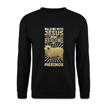 Jesus und Schaf - Merinoschaf - Unisex Pullover - Schwarz - Vorne - Alina (178cm) & Michal (187cm)