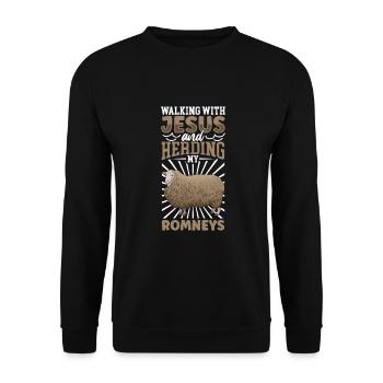 Jesus und Schaf - Romney-Schaf - Unisex Pullover - Schwarz - Vorne - Alina (178cm) & Michal (187cm)