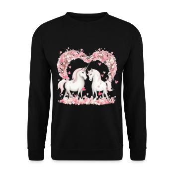 Niedlilches Einhorn Paar mit Blumenherz - Unisex Pullover - Schwarz - Vorne - Alina (178cm) & Michal (187cm)
