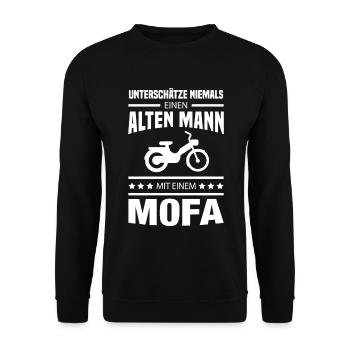 Alter Mann Mofa Zweirad Moped - Unisex Pullover - Schwarz - Vorne - Alina (178cm) & Michal (187cm)
