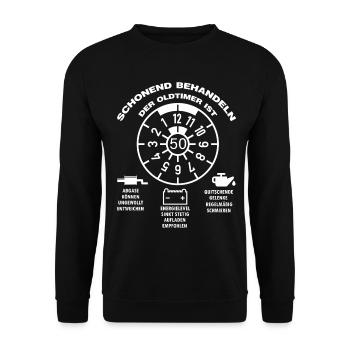 Der Oldtimer wird 50 Jahre alt lustige Auto Spruch - Unisex Pullover - Schwarz - Vorne - Alina (178cm) & Michal (187cm)