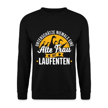 Running Duck Saying Never Underestimate Old Woman - Unisex Sweatshirt - black - Front - Alina (178cm) & Michal (187cm)
