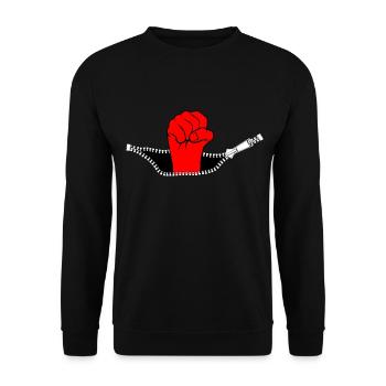 rote, erhobene Faust schaut aus Reißverschluss - Unisex Pullover - Schwarz - Vorne - Alina (178cm) & Michal (187cm)