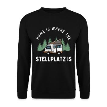 Home is where the Stellplatz is Wohnmobil Camping - Unisex Pullover - Schwarz - Vorne - Alina (178cm) & Michal (187cm)