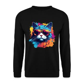 Coole Pop-Art Katze mit Sonnenbrile Bunt Kater - Unisex Pullover - Schwarz - Vorne - Alina (178cm) & Michal (187cm)