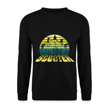 Retro Stunt Scooter Stunts über der Stadt - Unisex Pullover - Schwarz - Vorne - Alina (178cm) & Michal (187cm)