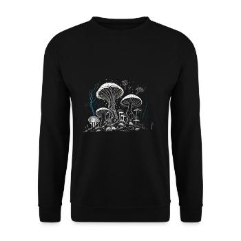 Cooles Pilze Artwork - Skizze mit blauen Aktenten - Unisex Pullover - Schwarz - Vorne - Alina (178cm) & Michal (187cm)