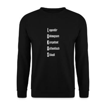 Lukas mit Adjiektive beschrieben - Unisex Pullover - Schwarz - Vorne - Alina (178cm) & Michal (187cm)