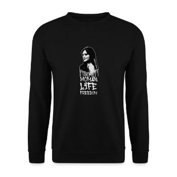 femme liberté de vie,vögel,iran,graffiti,Mahsa Amini - Sweat-shirt Unisexe - noir - Devant - Alina (178cm) & Michal (187cm)