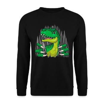 Dinosaurier Outside | Dino springt aus dem Shirt - Unisex Pullover - Schwarz - Vorne - Alina (178cm) & Michal (187cm)