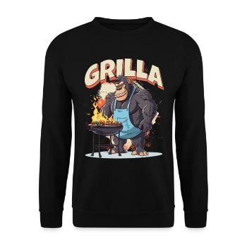 Grillen Grilla Griller Gorilla BBQ Spruch Lustig - Unisex Pullover - Schwarz - Vorne - Alina (178cm) & Michal (187cm)