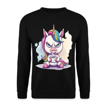 A angry looking unicorn, holding a cup of coffee - Unisex Sweatshirt - black - Front - Alina (178cm) & Michal (187cm)