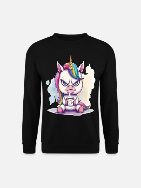 Ein wütend aussehendes Einhorn mit einer Tasse Kaffee in der Hand - Unisex Pullover - Schwarz