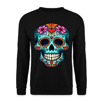 Herz und floraler Zuckerschädel – Festliches Kunstwerk - Unisex Pullover - Schwarz - Vorne - Alina (178cm) & Michal (187cm)