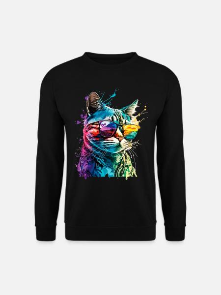 Katze Sonnenbrille Cool Splash Bunt Farbenfroh - Unisex Pullover - Schwarz