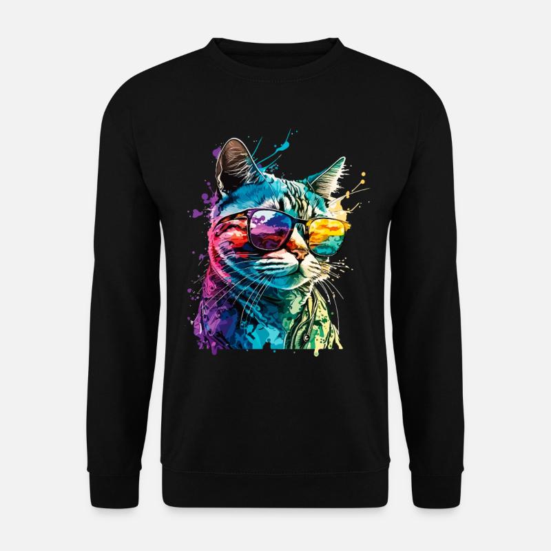 Katze Sonnenbrille Cool Splash Bunt Farbenfroh - Unisex Pullover - Schwarz