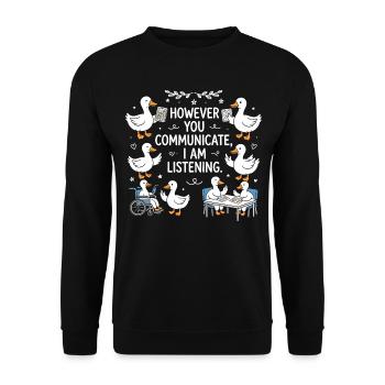 Egal, wie deine Stimme klingt, ich bleibe dran. - Unisex Pullover - Schwarz - Vorne - Alina (178cm) & Michal (187cm)