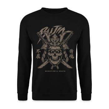 Totenkopf Samurai Krieger mit gekreuzten Katana - Unisex Pullover - Schwarz - Vorne - Alina (178cm) & Michal (187cm)