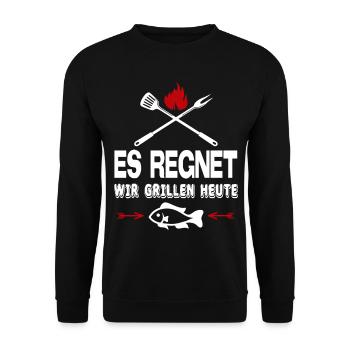 Es regnet Wir grillen heute Fisch Grillsprüche - Unisex Pullover - Schwarz - Vorne - Alina (178cm) & Michal (187cm)