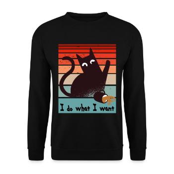 Ich mache was ich will. Lustige Katze verschüttet - Unisex Pullover - Schwarz - Vorne - Alina (178cm) & Michal (187cm)