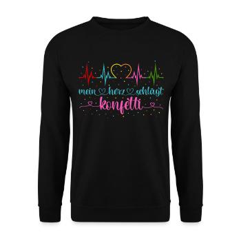 Fasching Herzschlag EKG Mein Herz schlägt Konfetti - Unisex Pullover - Schwarz - Vorne - Alina (178cm) & Michal (187cm)