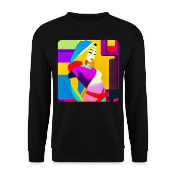 Bunte Frau im Retro Pop-Art Design - Unisex Pullover - Schwarz - Vorne - Alina (178cm) & Michal (187cm)