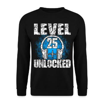 Level 25 Unlocked Geburtstagsgeschenk 25 Jahre - Unisex Pullover - Schwarz - Vorne - Alina (178cm) & Michal (187cm)