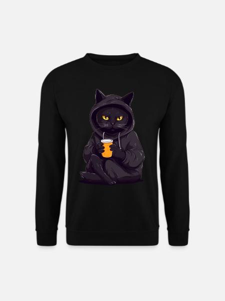 Schwarze Katzen Hoodie Motiv mit Kakao Kaffee - Unisex Pullover - Schwarz