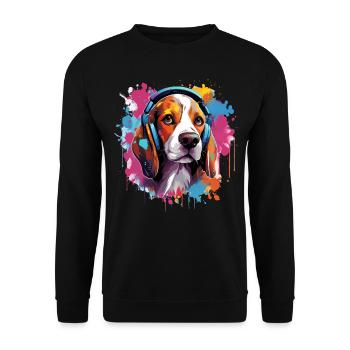 Bunter Beagle mit Kopfhörer Farbspritzer - Unisex Pullover - Schwarz - Vorne - Alina (178cm) & Michal (187cm)