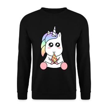 Süße lustige Kawaii Einhorn essen Pizza Slice - Unisex Pullover - Schwarz - Vorne - Alina (178cm) & Michal (187cm)