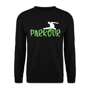Parkour Shirt: Parkour in Grün mit Parkourläufer - Unisex Pullover - Schwarz - Vorne - Alina (178cm) & Michal (187cm)