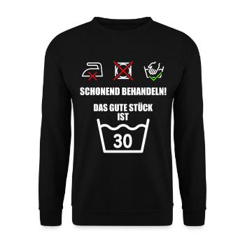 Schonend Behandeln Das Gute Stück ist 30 - Unisex Pullover - Schwarz - Vorne - Alina (178cm) & Michal (187cm)