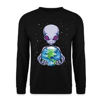 Alien hält Erde Weltraum Kosmisches Universum - Unisex Pullover - Schwarz - Vorne - Alina (178cm) & Michal (187cm)