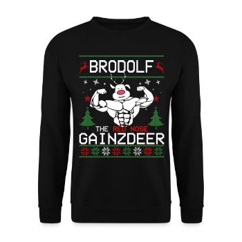 Brodolf The Red Nose Gainzdeer Ugly Sweater - Unisex Pullover - Schwarz - Vorne - Alina (178cm) & Michal (187cm)