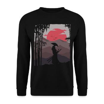 Künstlerische Samurai Sonnenuntergang Bushido Natur Japanisch - Unisex Pullover - Schwarz - Vorne - Alina (178cm) & Michal (187cm)