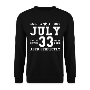 33. Geburtstag Juli Jahrgang 1989 Geschenkidee - Unisex Pullover - Schwarz - Vorne - Alina (178cm) & Michal (187cm)
