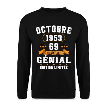 69 Ans Anniversaire Vintage Né(e) en Octobre 1953 - Sweat-shirt Unisexe - noir - Devant - Alina (178cm) & Michal (187cm)