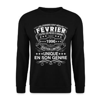 Les légendes sont nées en Fevrier 1996 Vintage - Sweat-shirt Unisexe - noir - Devant - Alina (178cm) & Michal (187cm)