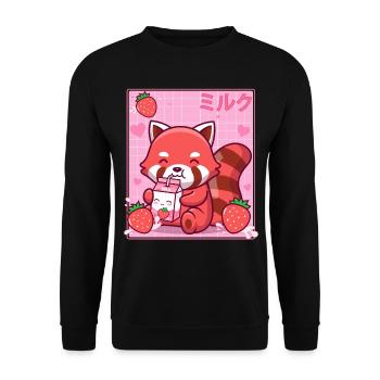 Kawaii Red Panda Erdbeer-Milch-Shake Otaku - Unisex Pullover - Schwarz - Vorne - Alina (178cm) & Michal (187cm)