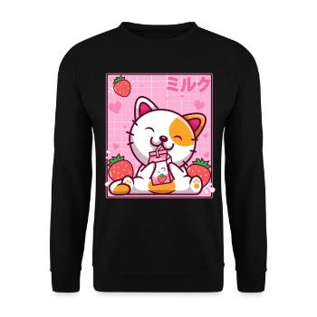 Kawaii Kätzchen Nette Katze Erdbeermilch Shake - Unisex Pullover - Schwarz - Vorne - Alina (178cm) & Michal (187cm)