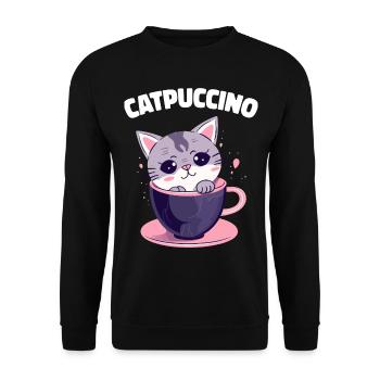 Catpuccino Katze in Kaffee-Tasse - Unisex Pullover - Schwarz - Vorne - Alina (178cm) & Michal (187cm)